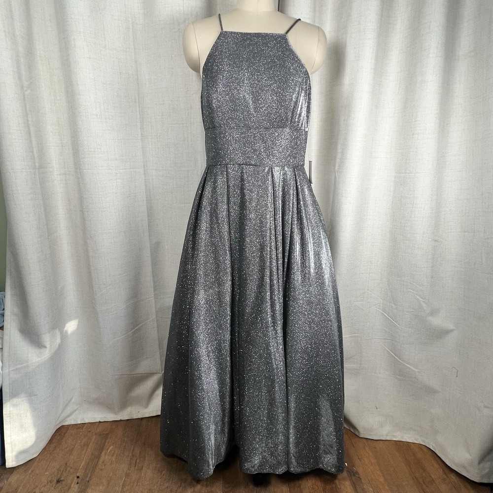 New! Betsy & Adam Metallic Silver Glitter Ball Gown Hi/Low Homecoming Dress 14